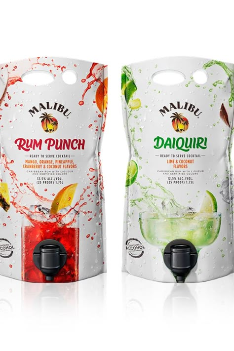 Malibu Is Selling Premixed Cocktail Pouches, and I Can Definitely Drink to That Drink Business Ideas, Pouch Cocktails, Cocktail Pouches, Cocktails Packaging, Cocktail Branding, Premixed Cocktails, Cocktail Packaging, Cocktails In A Can, Malibu Cocktails