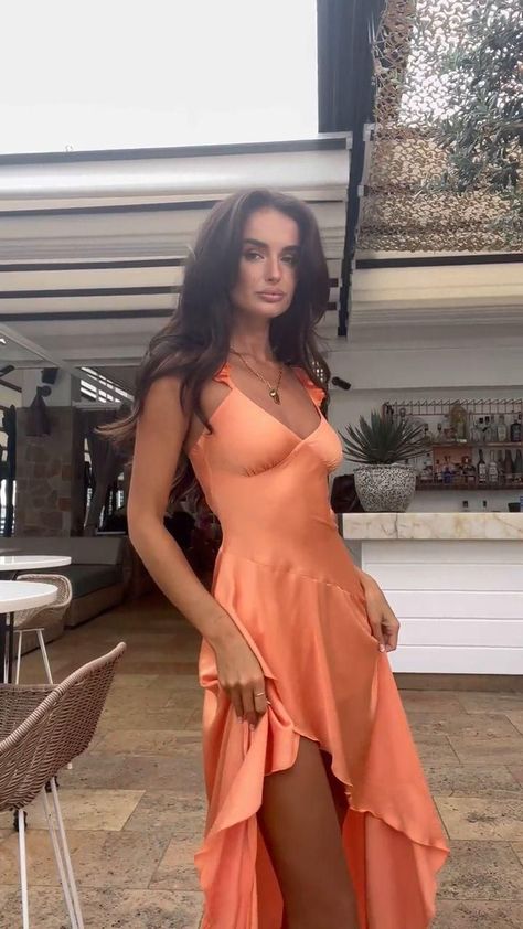 Summer Night Dress Party, Orange Night Dress, Rusty Orange Prom Dress, Orange Maxi Dress Wedding, Long Orange Dress Outfit, Orange Maxi Dress Outfit, Cruise Dresses Formal Night, Orange Dress Prom, Light Orange Prom Dress