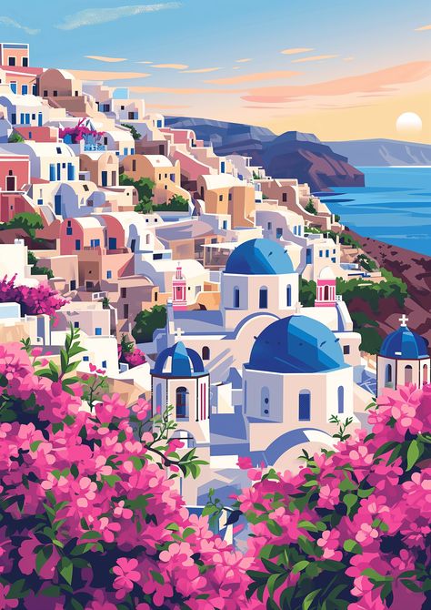 🎨✨Travel Wall Art with Midjourney Prompts - Go to the Link in my Bio🎉🔗 Santorini Illustration, Greece Wallpaper, Greece Painting, Greek Paintings, Ipad Painting, Italy Art Print, Iphone Wallpaper Landscape, Artistic Pictures, Summer Painting