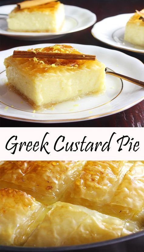 Greek Custard Pie, Greek Recipes Dessert, Greek Pastries, حلويات عربية, Resep Smoothie, Greek Sweets, Custard Desserts, Greek Desserts, Custard Recipes