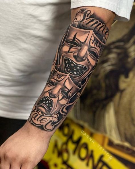 Laugh Now Cry Later Sleeve, For Arm Tattoo For Men, Chicano Sleeve Tattoo, Chicana Tattoo Design, Men's Forearm Tattoos, Chicano Tattoo Design, Swallow Tattoo Meaning, Playboy Tattoo, Chicanas Tattoo