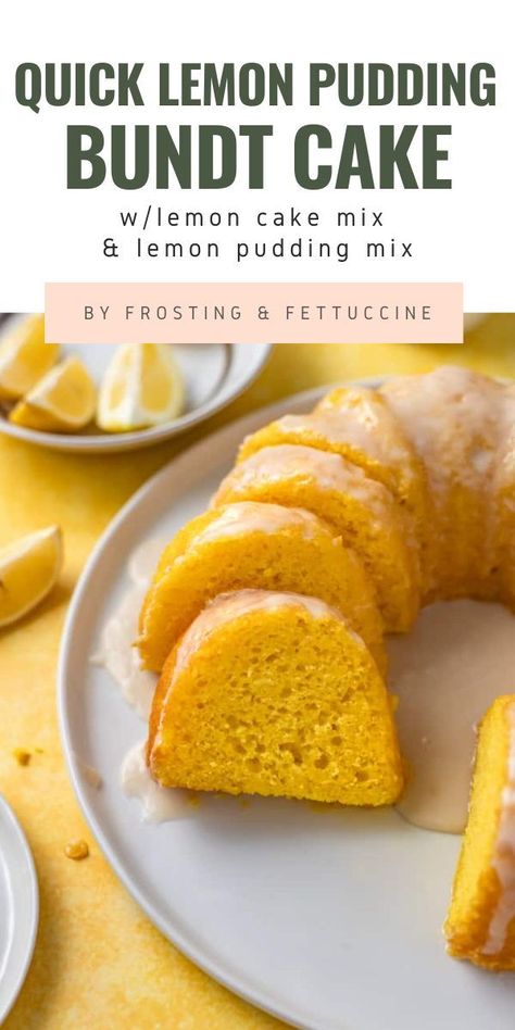 Short on time? This Quick Lemon Pudding Bundt Cake is a quick and easy cake recipe that will show you how to make a delicious bundt cake with lemon cake mix and lemon pudding mix. The result is a zesty and refreshing cake that is perfect for summer gatherings or potlucks! Lemon Jello Bundt Cake Recipe, Recipes Using Lemon Pudding, Lemon Pudding Bundt Cake Recipe, Lemon Drop Cake Recipes, Cakes Made With Pudding, Pillsbury Lemon Cake Mix Recipes, Lemon Bundt Cake Recipe Instant Pudding, Lemon Pound Cake With Pudding, Lemon Bunt Cakes Recipes