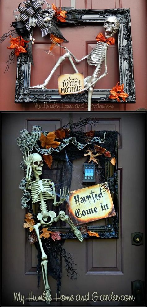 Halloween celebration is no fun without skulls and skeletons. The cute, small skeleton on a wreath is a fun idea to celebrate Halloween. This DIY Halloween wreath for the front door requires a few supplies but turns out to be amazing! Natal, Deco Porte Halloween, Porta Halloween, Moldes Halloween, Humble Home, Diy Halloween Wreath, Adornos Halloween, Manualidades Halloween, Halloween Crafts Decorations