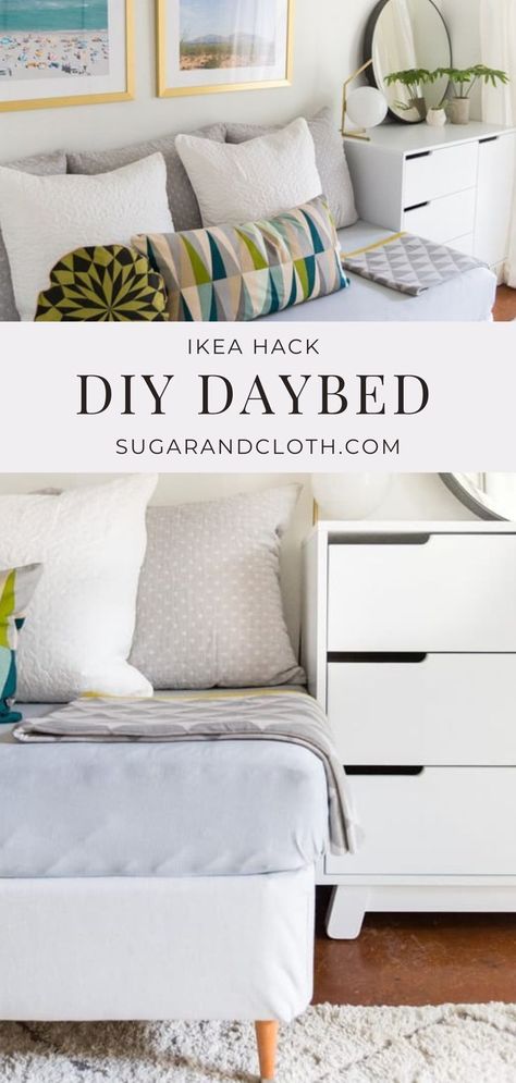 We’re giving you the full scoop on our DIY Daybed and tour of our guest bedroom! #diydaybed #ikeahack #guestbedroom #daybed #bedroom Daybed Ikea, Mid Century Diy, Daybed Bedroom, Daybed Sets, Diy Mid Century, Diy Daybed, Euro Pillows, Bed Foundation, Guest Room Decor