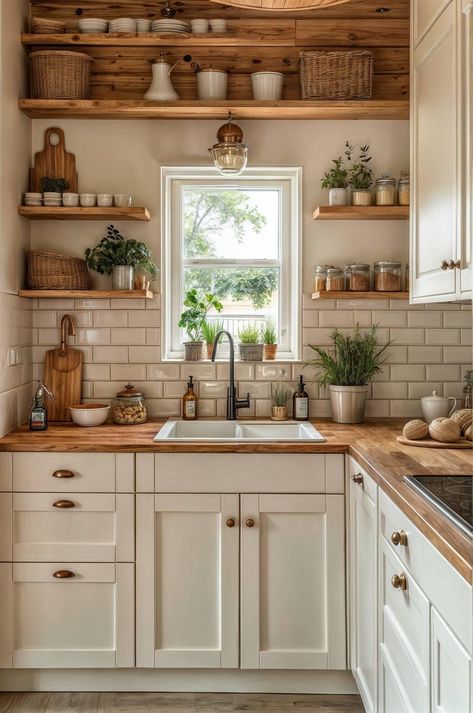 Tiny Cottage Kitchen, Cottage Kitchen Design, Small Cottage Kitchen, Minimalist Kitchen Design, Tiny House Kitchen, Cottage Kitchens, Scandinavian Kitchen, Modern Farmhouse Kitchens, Tiny Kitchen