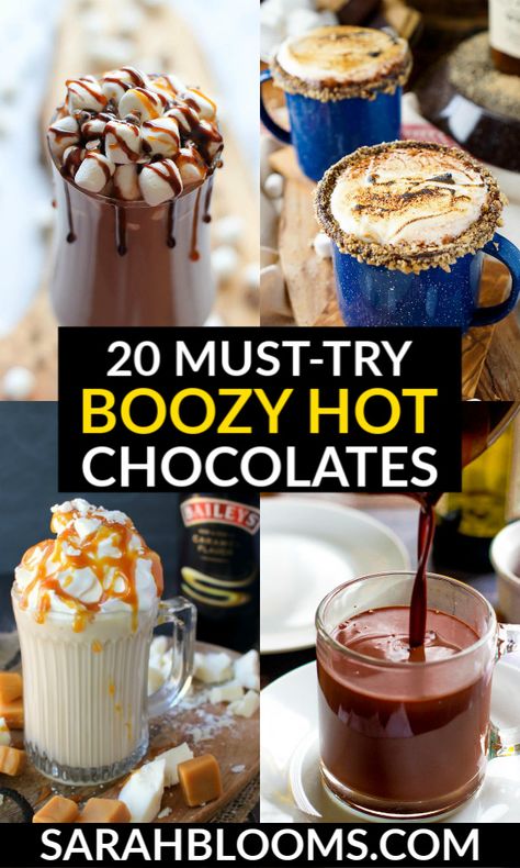 Warm up with these 20 Fabulous Boozy Hot Chocolates perfect for quiet evenings by the fire or holiday parties all season long! #hotchocolate #boozyhotchocolate #spikedhotchocolate #hotchocolaterecipes Hot Chocolate Shots Alcohol, Boozy Hot Chocolate Bar, Chocolate Bar Ideas, Hot Chocolate Bar Ideas, Cozy Hot Drinks, Frozen Hot Chocolate Recipe, Boozy Hot Chocolate, Spiked Hot Chocolate, Pastas Recipes