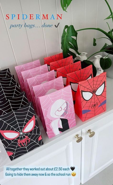 Stacey Solomon made Spiderman-themed goodie bags for her son's birthday party and shared tips with her followers on how to create them for under £3 each and where to buy the gifts Ghost Spider Goodie Bags, Spidey Birthday Party Theme, Spiderman Birthday Goodie Bags, Spider Man Birthday Party Ideas Gift Bags, Pink Spider-man Birthday Party, Spiderman Favors Ideas, Spider Man Party Bags, Spiderman Gift Bags, Ghost Spider Birthday Party Favors