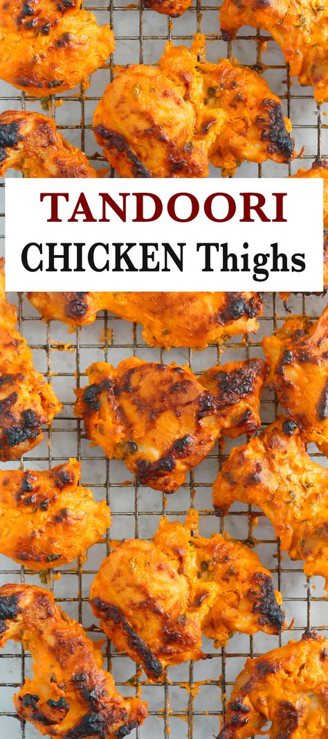 tandoori chicken thighs on a sire rack Chicken Meal Prep Healthy, Tandoori Chicken In Oven, Authentic Tandoori Chicken Recipe, Tandoori Chicken Marinade, Chicken In Oven, Tandoori Chicken Recipe, Chicken Indian, Tandoori Recipes, Indian Chicken Recipes