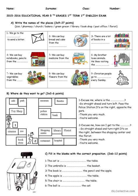 public places, giving directions, prepositions and multiple choise test about school subjects, Daily routines, nationality, telling the time, can can't, likes and dislikes Pictograph Worksheet, Coordinate Plane Worksheets, Letter Sound Recognition, 5th Grade Worksheets, Math Spiral Review, Act Prep, Math 5, English Exam, Gustave Flaubert