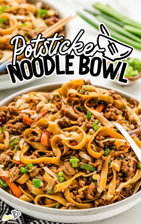 a bowl of Potsticker Noodles garnished with green onions Pot Sticker Noodle Bowl, Potsticker Noodle Bowl, Potsticker Noodles, Noodle Bowl Recipes, Pork Coleslaw, Rice Noodle Bowl, Easy Dinners For Kids, Noodle Bowls Recipes, Bowls Recipes