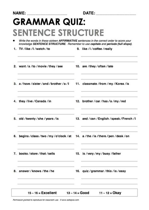 "Sentence Structure" Grammar Quiz Sentence Structure Worksheets, Worksheets High School, English Sentence Structure, Sentence Building Worksheets, Grammar Sentences, Spanish Sentences, English Quiz, Grammar Quiz, Grammar Exercises