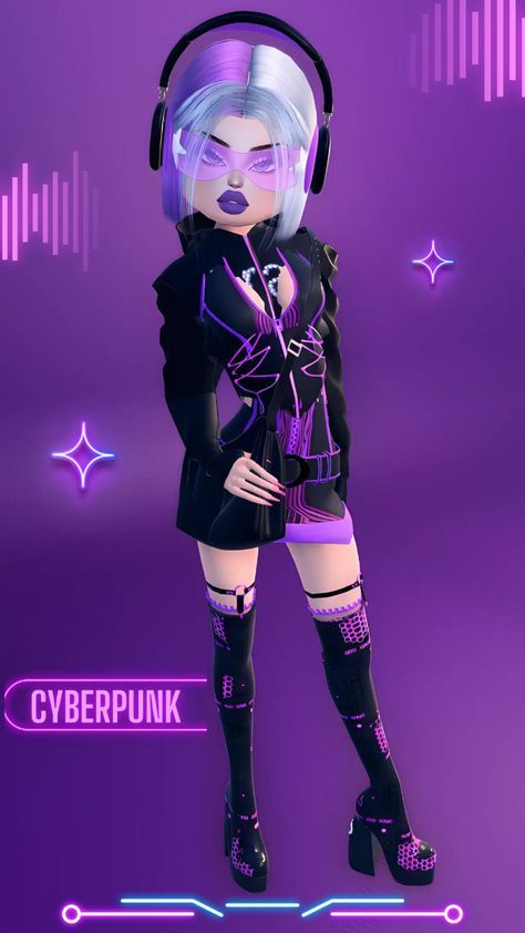 Cyberdelic Aesthetic Outfits, Cyberpunk Purple Outfit, Android Dti Outfit, Cuber Punk Outfits, Dress To Impress Android, Ninja Outfit Ideas, Dti Theme Futuristic Elegance, Purple Cyberpunk Outfit, Dti Theme Cyberpunk