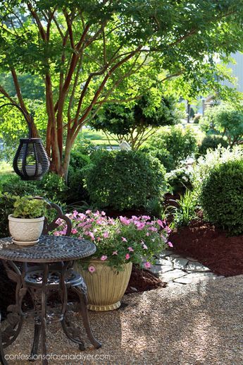 Gravel Patio Front Yard, Garden Obelisk Ideas Focal Points, Ornamental Herb Garden, Front Yard Shade Ideas, Gravel Landscaping Front Yard, Front Yard Living Space, Enchanted Garden Backyard, Front Yard Patio Ideas, Garden Ornaments Ideas