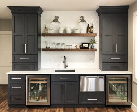 Wet Bar With Dishwasher, Wet Bar With Peninsula, Small Wet Bar Basement Floating Shelves, Black Basement Kitchenette, Family Room Bar Ideas Built Ins, Modern Farmhouse Wet Bar, Basement Back Bar, Black Cabinet Wet Bar, L Shaped Wet Bar Basement