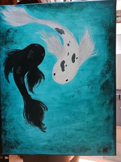 Koi fish acrylic painting forming a ying and yang one fish is black and the other white, background is blue with a black border Koi Fish Painting Acrylics, Koi Fish Black And White, Koi Fish Painting, Coy Fish, Painting In Acrylic, Fish Silhouette, Detailed Art, Silhouette Painting, Coffee Painting