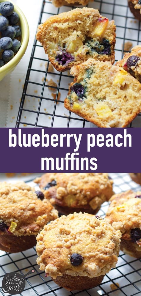 Blueberry Peach Muffin with Streusel Topping! These bakery style blueberry peach muffins rise beautifully and are so tender and fruity. My favorite easy blueberry muffin recipe! #muffins #blueberrymuffins #blueberrypeach #easymuffins #cookingformysoul | cookingformysoul.com Blueberry Peach Muffins Recipe, Peach And Blueberry Muffins, Blueberry Peach Muffins, Peach Muffin, Peaches Recipes, Muffins With Streusel Topping, Blueberry Muffin Recipe Easy, Nutella Muffin, Muffins Blueberry