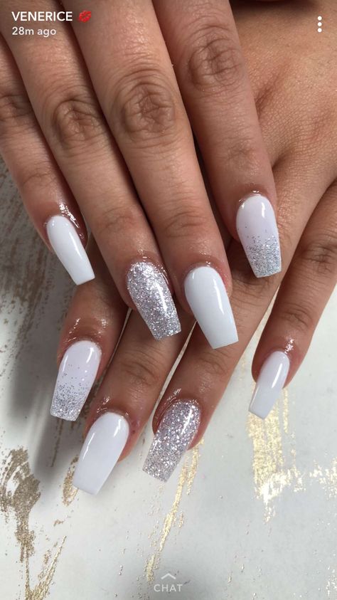 Silver Acrylic Nails, Prom Nails Silver, Nails With Glitter, White And Silver Nails, Nails Silver, Formal Nails, Christmas Blue, White Acrylic Nails, Nails Prom