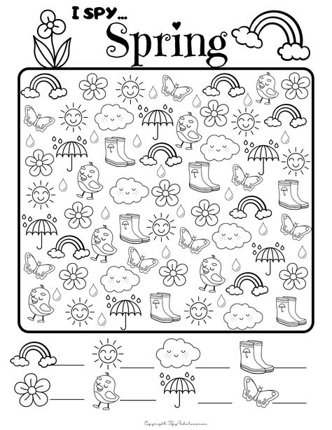 Free I Spy Spring printable - great for kids! May Kids Activities, Spring Mazes Free Printable, Kinder Activity Sheets, Fun Worksheets For Kindergarten Free Printable, Free Printable I Spy Worksheets, Preschool I Spy Printables, I Spy Activities For Kids, Spring Crafts For Kids Printable, I Spy Kindergarten Free Printable