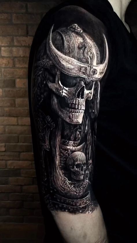 3d Effect Tattoo, Eliot Kohek, Cover Up Tattoos For Men, Tatoo 3d, Skull Art Tattoo, Skull Girl Tattoo, Skull Sleeve Tattoos, Realistic Tattoo Sleeve, Skull Sleeve