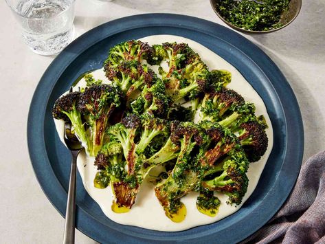 Charred Broccoli With Taleggio Cheese Sauce and Gremolata Recipe Taleggio Cheese, Gremolata Recipe, Charred Broccoli, Steak And Broccoli, Serious Eats Recipes, Broccoli Crowns, Broccoli Stems, Food Scraps, Gooey Cheese