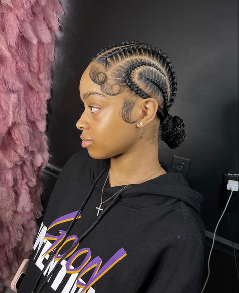 Braids Back Hairstyles Black Women, Braids To The Back With Two Buns, Trendy Feed In Braids, Braid On Scalp Hairstyles, 4 Stitch Criss Cross Braids, Braided Back Ponytail Hairstyles, Straight Backs With Curly Bun, Straight Back Bun Braids, Straight Back Cornrows With Bun