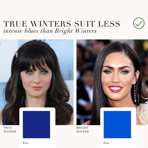 Colour analysis comparison, True Winter VS Bright Winter 🖤 . #coloranalysis #colouranalysis #coloranalyst #winterpalette #zooeydeschanel #meganfox Cool Winter Vs Bright Winter, Cool Winter Hair Color, Bright Winter Hair Color, Bright Winter Palette, True Winter Outfits, Color Analysis Winter, True Winter Color Palette, Cool Winter Color Palette, Color Seasons