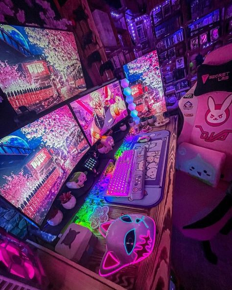 Colorful Pc Setup, Neon Gaming Setup, Fnaf Gaming Setup, Rainbow Gaming Setup, Neon Room Aesthetic Ideas, Gaming Set Up, Colorful Room Aesthetic, Gaming Desk Setup Ideas, Streamer Room