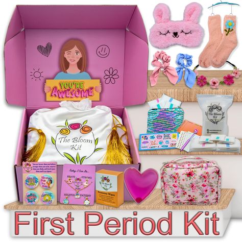 PRICES MAY VARY. A Gift She Will Love - Period talk doesn't need to be difficult. Make it a gift and ease her fears. Our period pouch is fun and educational. The sanitary bags for feminine products have all the essentials in a cute gift box she will enjoy. She Deserves The Best - Treat her with quality gifts she will actually use. Soft cotton pads and liners. Gentle water-based period wipes for teen girls. Period tracker with stickers. Cute heart-shaped heating pad. Discreet sequin pad pouch. No Teen Period Kit, Period Bags, Period Starter Kit, First Period Kits, Period Kit, Padded Pouch, First Period, Bags For Teens, Cute Gift Boxes