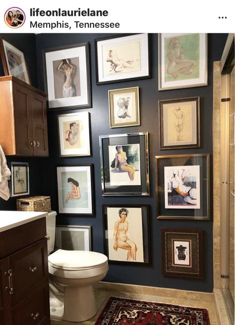 Budget Design Ideas, Update Bathroom, Gallery Bathroom, Bathroom Gallery Wall, Bathroom On A Budget, Eclectic Homes, Toilet Room Decor, Dark Bathrooms, Bathroom Gallery