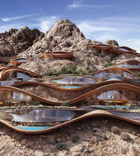 Trojena: The mountains of NEOM Resort On Hill, Mountain Resort Design Concept, Architecture On Hill, Mountain Inspired Architecture, Saudi Mountains, Mountain Architecture Concept, Hotel In Mountain, Mountain Resort Design, Mountain Resort Architecture