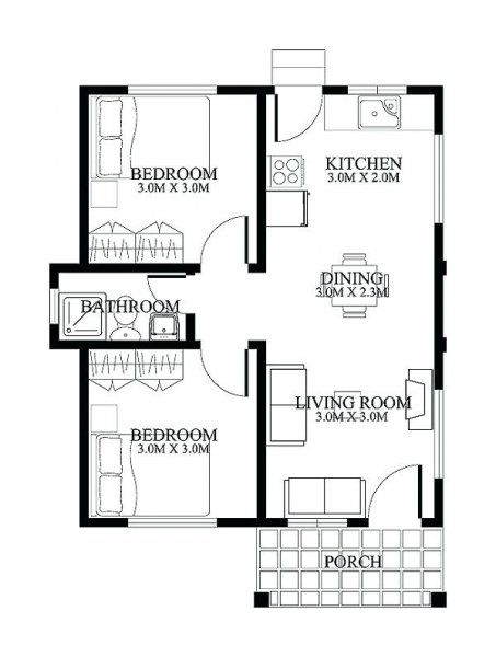 Minimalist Two Bedroom House Design + Plan - Engineering Discoveries Two Bedroom House Design, 2 Bedroom House Design, One Bedroom House Plans, 1 Bedroom House Plans, One Bedroom House, Two Bedroom Apartment, Two Bedroom House, 2 Bedroom House Plans, Free House Plans