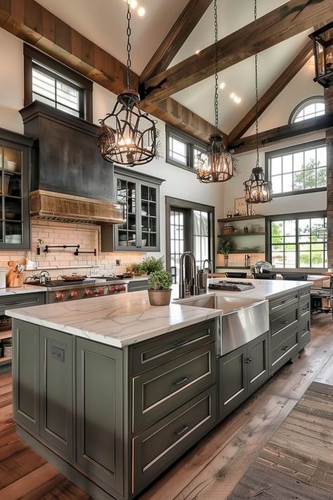 Choose the Perfect Color for Your Farmhouse Kitchen Cabinets - Quiet Minimal Modern Kitchen Design Farmhouse, White Kitchen Inspo Farmhouse, Brown Farmhouse Kitchen Cabinets, Farmhouse Luxury Kitchen, Modern Kitchen With Big Island, Kitchen Ideas Colored Cabinets, Barndominium Kitchen Cabinet Colors, Cottagecore Kitchen Color Scheme, Kitchen Ideas For Barndominium