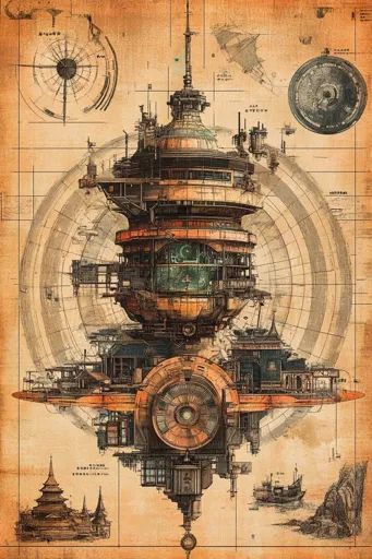 ↑↑↑ Larger size on website 🔸 The image is a detailed, intricate drawing of a steampunk airship. It appears to be a blueprint or t Rocky Cliff, Steampunk Airship, Small Boats, Cthulhu, Grid Lines, Compass, Rocky, Floating, Drawings