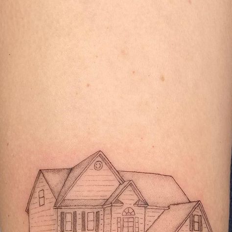 First Home Tattoo, Childhood House Tattoo, Fine Line House Tattoo, Childhood Home Tattoo, Tiny House Tattoo, House Tattoo Simple, Little House Tattoo, Tattoo House, Pnw Tattoo