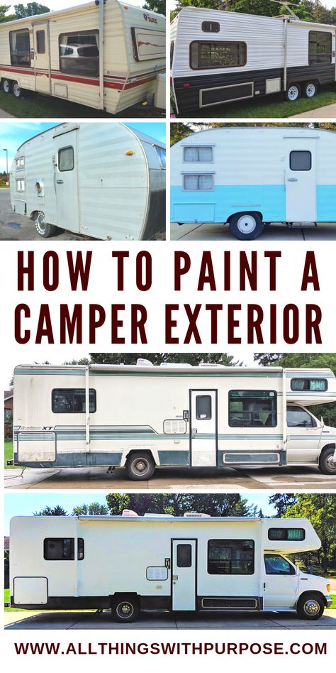 I've painted the exterior of multiple campers - from a vintage trailer to a 90's RV. I'll share what technique I use and how well it has held up! Camper Exterior, Camping Illustration, Caravan Vintage, Motorhome Remodel, Glamper Camper, Camper Diy, Rv Exterior, Camper Trailer Remodel, Vintage Camper Remodel