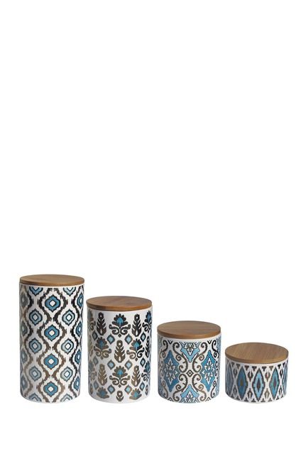 Image of Jay Import Blue & Gold Metallic Canister - Set of 4 Ceramic Kitchen Canister Sets, Orange Kitchen Decor, Ceramic Canister Set, Ceramic Canisters, Kitchen Canister Set, Gold And Orange, Ceramic Canister, Orange Kitchen, Container Ideas