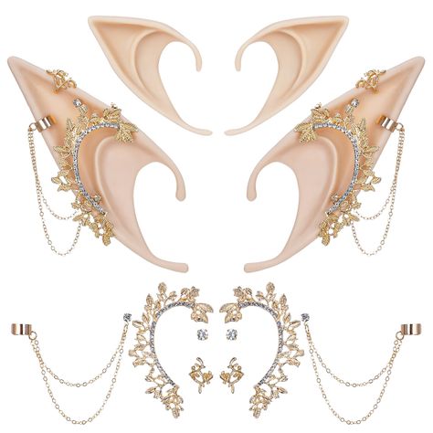 PRICES MAY VARY. [Elf Ears with Piercings Set]: Our Fairy Ear Cuffs are 100% handcrafted and durable, With its superior material, light and durable, this exquisite elf earrings offer you a comfortable wearing experience. These fantasy elf ears with earrings are suitable for everyone who looks for beauty [Exquisite Fairy Ears]: These gorgeous elf ears with earrings are extremely luxurious looking and beautifully accents virtually any style. And can provide a fantasy fairy-like atmosphere for you. Fairy Masquerade Ball, Elf Earrings Drawing, Pointed Ears Aesthetic, Pierced Elf Ears, Elf Ears With Piercings, Ears With Piercings, Elf Ear Jewelry, Fae Ears, Fantasy Ears