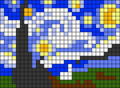 Alpha pattern #83627 | BraceletBook Van Gogh Sunflowers Pixel Art, Pixel Starry Night, Starry Night Pixel Art 32x32, Starry Night Alpha Pattern, Cross Stitch Sky, Monet Pixel Art, Pixel Painting Art, Pixel Art Famous Painting, Space Alpha Pattern