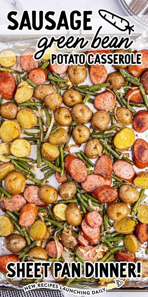 Sausage Potato Green Bean Sheet Pan, Sausage Green Bean Potato Bake, Smoked Sausage Green Beans Potatoes, Sausage Potato Veggie One Pan, Summer Sausage Potatoes Green Beans, Sheet Pan Sausage Potatoes Green Beans, Green Bean Smoked Sausage And Potatoes, One Pan Smoked Sausage And Veggies, Sausage Green Bean Potato Casserole Oven