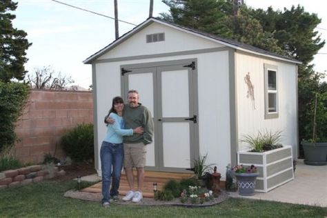 10x12 storage shed built by one of my plan buyers White Shed, 10x12 Shed, Shed Ramp, Small Shed, 10x12 Shed Plans, Shed Landscaping, Shed Makeover, Backyard Storage Sheds, Shed Building