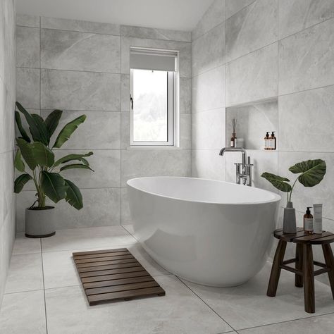 Maverick White 750x750 | Tile Giant Large Bathroom Wall Tiles, Grey Travertine Bathroom, 1910 Bathroom, White Bath Tub, Grey Travertine, Shiny Floors, White Porcelain Tile, Chaffinch, Timeless Bathroom