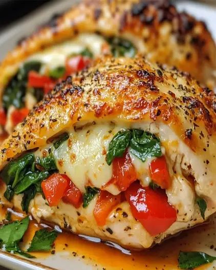 Savory Stuffed Chicken with Roasted Red Peppers, Spinach, and Mozzarella Recipe - optimal recipes Mozzarella Stuffed Chicken, Spinach And Mozzarella, Stuffed Chicken Breast Spinach, Chicken With Italian Seasoning, Mozzarella Recipes, Mozzarella Chicken, Roasted Red Pepper, Chicken Stuffed Peppers, Stuffed Chicken