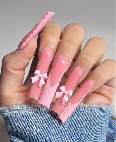 Pink Long Nails With Gems, Girly Acrylic Nails Designs Pink, Baby Pink Long Nails, Long Baby Pink Acrylic Nails, Nude Pink Acrylic Nails, Long Nails Ideas, Exo Anime, Uñas Ideas, Pink Ombre Nails