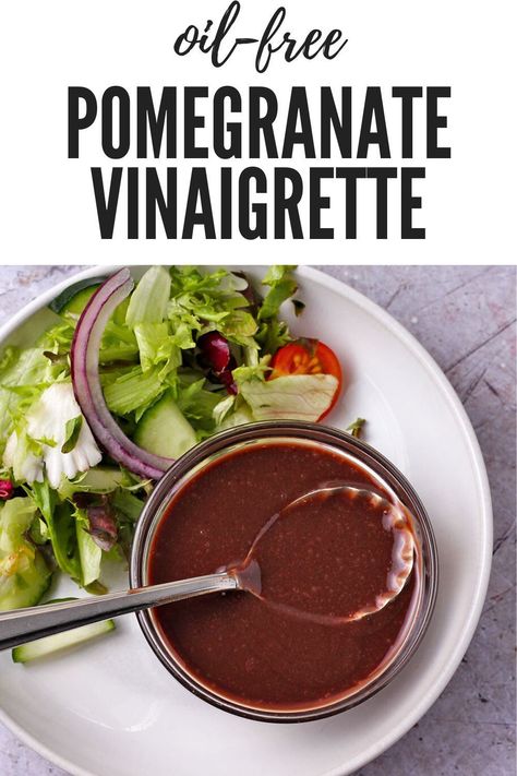 Easy oil-free, pomegranate vinaigrette is a healthy plant-based salad dressing recipe with 5 ingredients that’s refined sugar free. Dress your favorite salad with this creamy and delicious homemade dressing and dive into sweet, tangy flavor from pomegranate molasses and nutritious whole dates. Naturally vegan and so yummy, you’ll be making it on repeat. Pomegranate Balsamic Dressing, Green Salad With Pomegranate Seeds, Pomegranate Molasses Salad Dressing, Recipes With Pomegranate Molasses, Recipes Using Pomegranate Seeds, Salads With Pomegranate Seeds, What To Do With Pomegranate Seeds, Recipes With Pomegranate Seeds, Recipe With Pomegranate Seeds