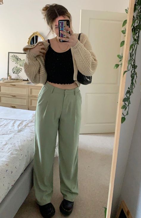 Styling Sage Green Pants, Outfit With Mint Green Pants, How To Style Mint Green Pants, Mint Cargo Pants Outfit, Outfits With Sage Green Pants, Sage Green Trousers Outfit, Pastel Green Pants Outfit, Sage Green Pants Outfits, Mint Cardigan Outfit