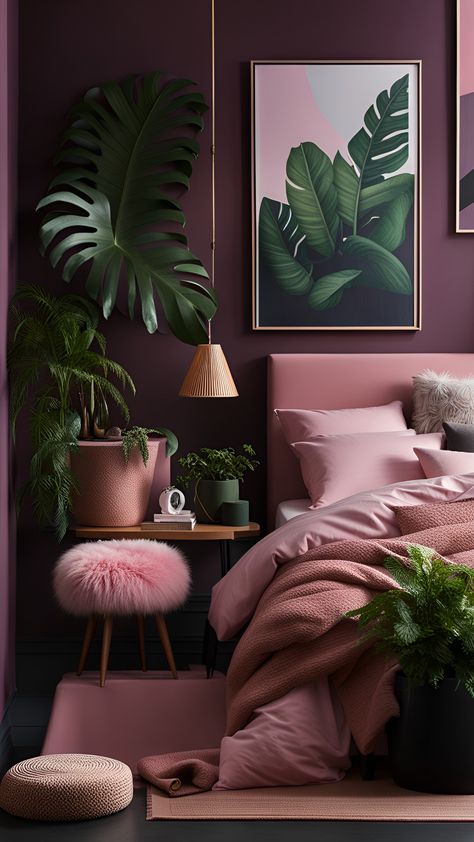 Dark Pink Bedroom Ideas For Women, Emerald Green Pink Bedroom, Shades Of Pink Room, Dusky Pink Bedroom Ideas, Black Pink And Green Bedroom, Pink Velvet Bedroom Ideas, Pink Headboard Bedroom Ideas, Dark Pink Bedroom, Moody Pink Bedroom