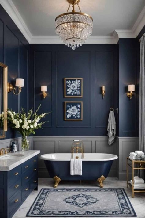 Blue On Blue Bathroom, Navy Blue Tile Bathroom Floor, Navy Brown Bathroom, Blue Brown Gold Bathroom, Striking Bathroom Ideas, Navy Powder Room Vanity, Bathroom Decor Blue Vanity, Bathroom Ideas Blue And Gold, Dark Blue And Gold Bathroom Ideas