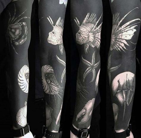 Mens Blackwork Negative Space Ocean Sleeve Tattoo Negative Tattoo, Ocean Sleeve Tattoos, Negative Space Tattoo, Petit Tattoo, Blackout Tattoo, Wonderland Tattoo, Back Of Shoulder Tattoo, Geniale Tattoos, Space Tattoo