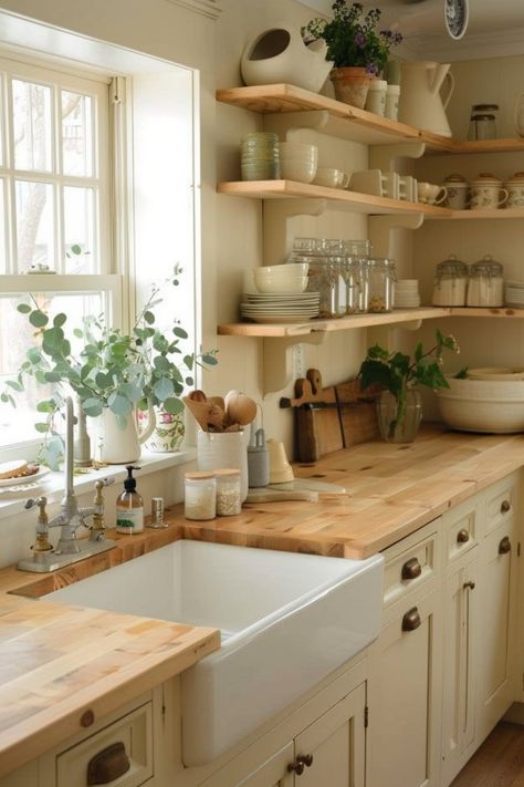 Embrace rustic charm and cozy efficiency with cottage kitchen ideas. Click here to see more inspiration. Cosy Cottage Kitchen Ideas, Old Country Farmhouse Kitchen, Rustic English Kitchen, Rustic English Country Kitchen, Small Country Style Kitchen, Cottage Feel Kitchen, Classic Cottage Kitchen, Rustic Cottage Home Decor, Cream Cottage Kitchen