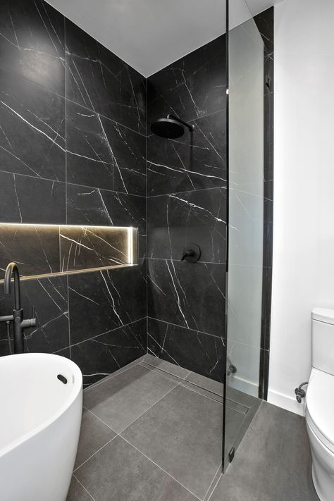 Beverly Hills Complete Remodel - Bathroom - Los Angeles - by Spazio LA | Houzz Nero Marquina, Bathroom Inspo, Free Standing Tub, Guest Bathroom, Beautiful Bathrooms, Shower Tub, Beverly Hills, Porcelain Tile, Bathrooms Remodel